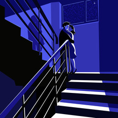 A guy and a girl kiss in the evening on the landing. Vector illustration.