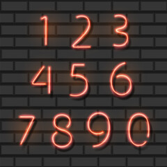 Neon red city font numbers set on a brick background. Vector illustration