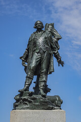 Vauquelin bronze statue (Monument a Jean Vauquelin) at Vauquelin Square in Montreal Old Port. Montreal, Quebec, Canada.