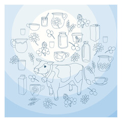 Farming eco-friendly milk and dairy products. Vector illustration, poster, flyer, postcard.
