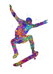 Naklejka na ściany i meble Skater boy watercolor art, abstract painting. sport art print, watercolor illustration rainbow, colorful, decoration wall art.