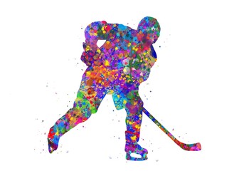 Fototapeta premium Ice hockey player watercolor art, abstract painting. sport art print, watercolor illustration rainbow, colorful, decoration wall art.