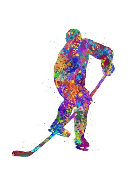 Ice hockey watercolor art, abstract painting. sport art print, watercolor illustration rainbow, colorful, decoration wall art.