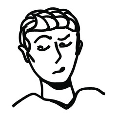 Male portrait with doubtful face. Vector line art with isolated cartoon. For avatars, comic characters, doodles, stickers design, banners and templates