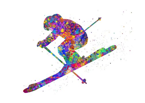 Ski watercolor art, abstract painting. sport art print, watercolor illustration rainbow, colorful, decoration wall art.