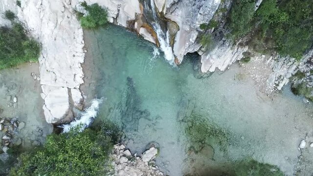 drone view of the Borosa riverbed and natural pools. Located in the Natural Park of the Sierras de Cazorla, Segura y las Villas, Spain.