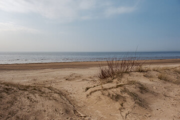 empty sandy beach by the sea with rocks