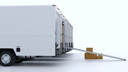 A row of white vans on isolated background. Moving boxes and truck from the back. Delivery and shipping concept. 3d render.