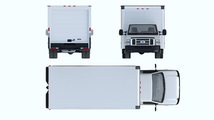 Commercial ground vehicle on isolated background. View from 3 sides. Concept of delivery and shipment. 3d render.