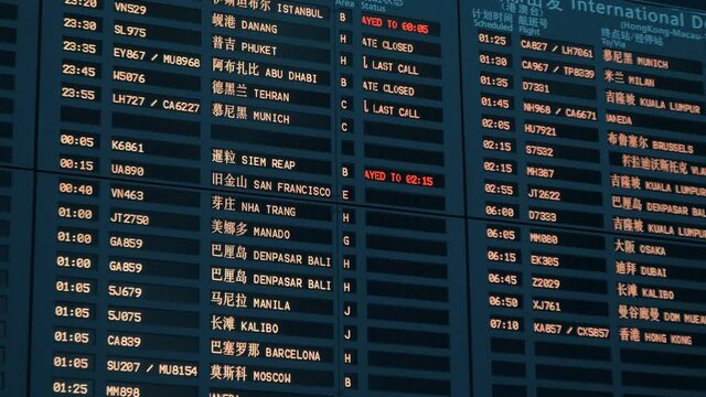 Schedule board displaying flight information in the departure hall 