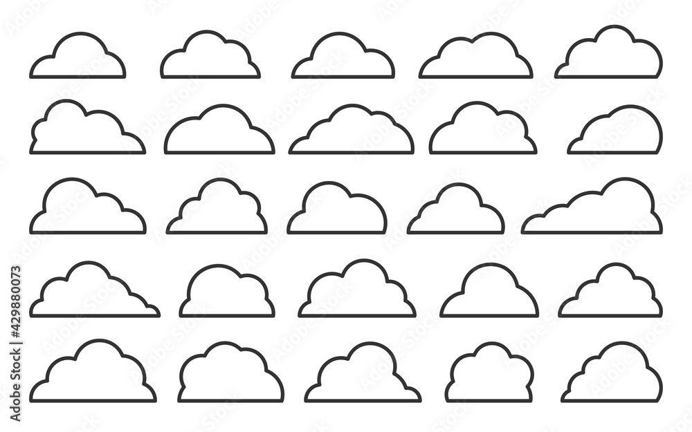 Poster clouds black thin line icon set. outline database, network, internet cloud storage sign. different s