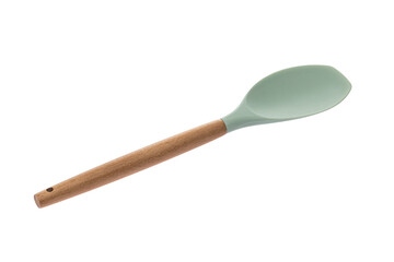 Plastic turquoise kitchen tool with wooden handle for cooking