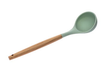 Plastic turquoise kitchen tool with wooden handle for cooking