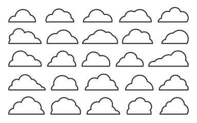 Clouds black thin line icon set. Outline database, network, internet cloud storage sign. Different shapes abstract fluffy linear weather forecast symbol. Speech bubble logo, web banner design template