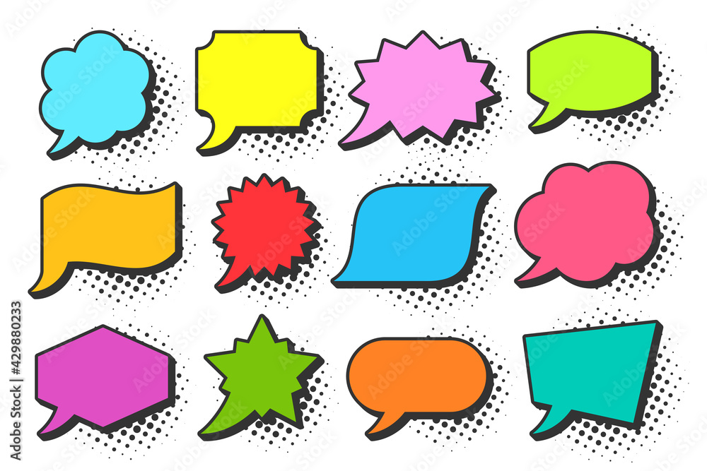Poster cartoon pop art bubbles with black halftone shadow. retro sketch speech bubble icon set. vector desi