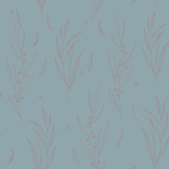floral seamless pattern. Black and white background with wildflowers and herbs. Hand drawing pencil, outline, sketch