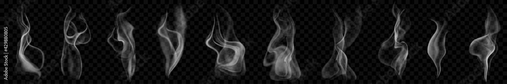 Fototapete set of several realistic transparent smoke or steam in white and gray colors, for use on dark backgr