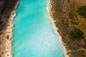 Bacalar lagoon with crystal blue water. Los Rapidos, Mexico.