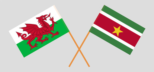 Crossed flags of Wales and Suriname. Official colors. Correct proportion