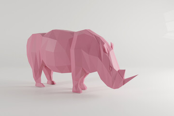 Low poly pink rhinoceros isoleted on white background. 3d rendering. African animal