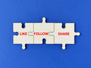 Like follow share puzzle concept, white jigsaw puzzle connecting together on blue background