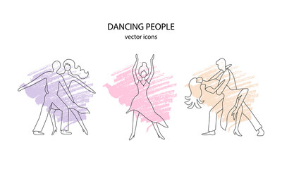 Vector illustration of dancing people outlines on colorful backgrounds for banner, advertisement, invitation, social media design or print. Line drawings of two couples and one woman during the dance
