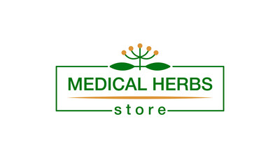 Vector illustration of medical herbs store logo with changeable text for corporate style, banner, drugstore advertisement, signage, catalog, product design. Green letters with floral element
