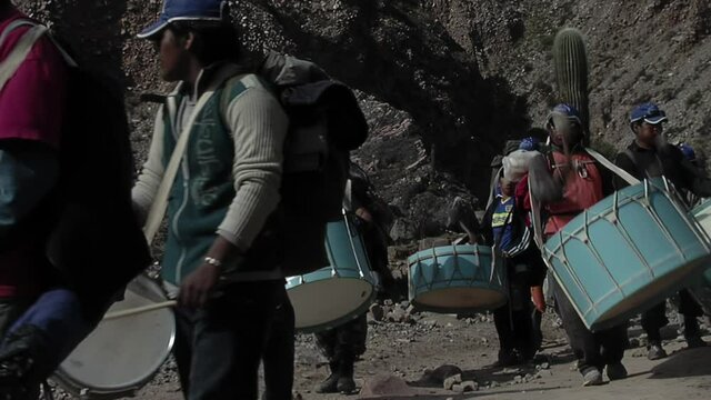 Sikuris (Andean Musical Bands) and People Marching during the Holy Week in the Quebrada de Humahuaca Valley, Altiplano Region, Argentina, South America.
