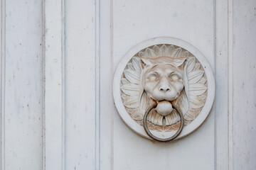 Detail of white antique tiger or lion bas relief sculpture and metal door knocker's ring on wooden...
