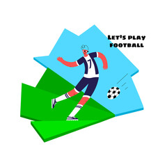 Fototapeta na wymiar Soccer Player Athlete kicks the Ball on an abstract Lawn with green Grass. Concept of Football, active Sports Game, strong Players, Championship, Competition, Victory, Club. Vector Flat Illustration.