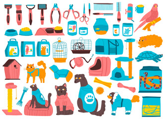 Set of Accessories Equipment for Pets. There is Food in Packages with Toys. Aquariums Fish, Turtles and Grooming items for Dogs and Cats with Clothes. A Bird Cage. Vector Flat illustration Collection.