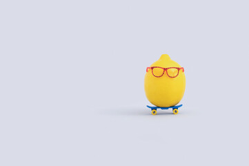 Funny creative summer fruit concept with lemon wearing eyeglasses and riding skateboard