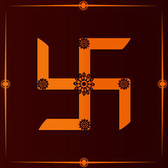 Auspicious Golden Swastik, a symbol of Hinduism on red background.
