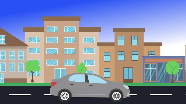 car driving rides around city side view, loop animation, flat design background