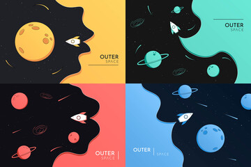 Vector illustration in abstract flat style. Minimalist backgrounds collection. Space exploration concept. Yellow, blue, mint, red colors. Colorful dark wallpaper. Modern design for website template © VVadi4ka