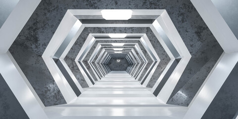 white modern futuristic sci-fi space station hallway tunnels 3d render illustration