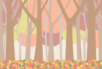 秋の紅葉と落ち葉と木立が美しい森のイラスト