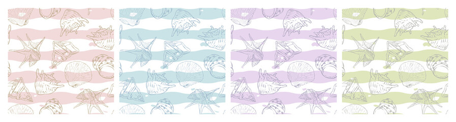 pastel ocean vacation seashell theme seamless pattern, surface, textile, fabric, cloth, gift wrap, wall paper, stationery, summer holiday vibe, sea creatures, shore, clam, shell, soft colour palette