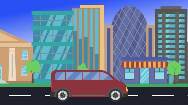 car driving rides around city side view, loop animation, flat design background