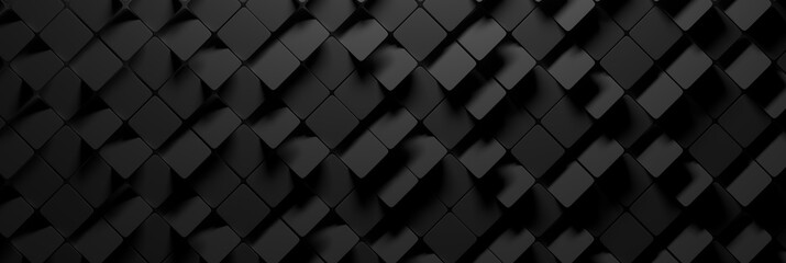 Wide banner with many random square hexagons in charcoal dark black color