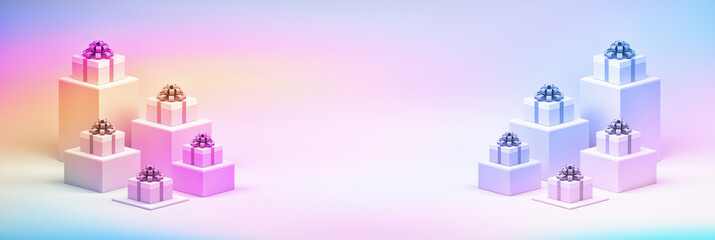 Wide Christmas New Year banner with gifts and copy blank space in the center in pastel pink blue colors