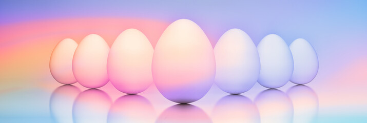 Wide Easter banner with a row of vertically standing Easter eggs in dreamy pastel colors