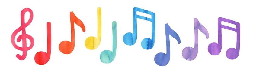 Colourful music note symbols of different color: pink, red, orange, yellow, green, blue, cyan, purple, violet. Hand painted watercolour sketch, isolated clipart elements for design, pattern, stickers. - 429887682