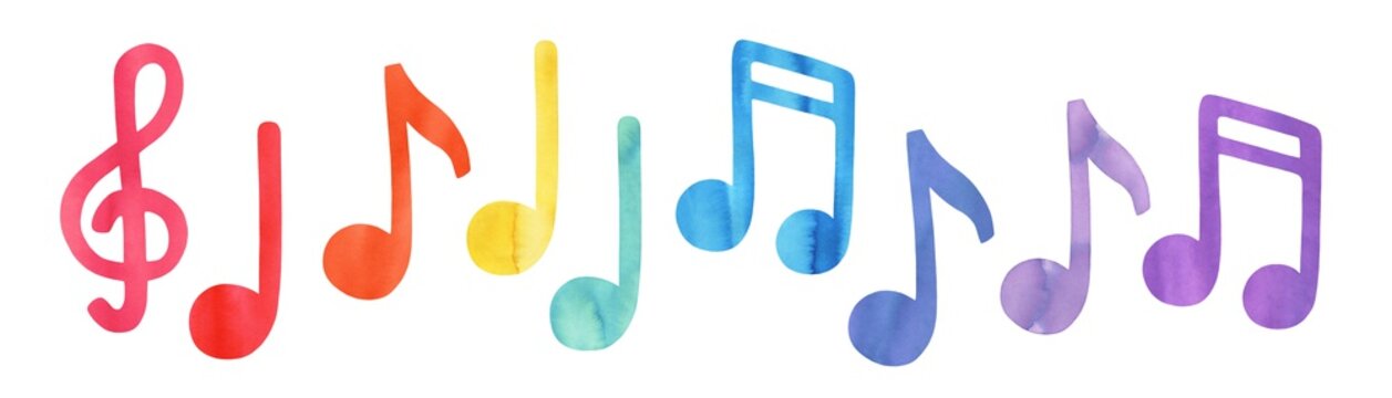 Colourful music note symbols of different color: pink, red, orange, yellow, green, blue, cyan, purple, violet. Hand painted watercolour sketch, isolated clipart elements for design, pattern, stickers.