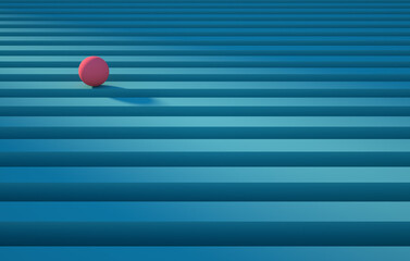 3D Illustration. Geometric pink sphere rolling over a blue stripe. Abstract background concept. 3d render