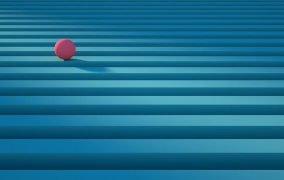 3D Illustration. Geometric pink sphere rolling over a blue stripe. Abstract background concept. 3d render