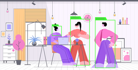 businesspeople discussing at conference meeting security camera surveillance cctv system identification facial recognition