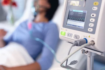 Foto op Plexiglas Ventilatormonitor en Afro-Amerikaanse vrouwelijke patiënt in ziekenhuisbed met zuurstofventilator © wavebreak3