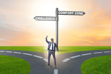Businessman choosing between leaving comfort zone or not