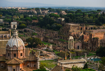 Obraz premium View of the Roman Forum and the dome of the church of San Pietro in Carcere from the terrace of the Vittoriano monument, Rome, Italy